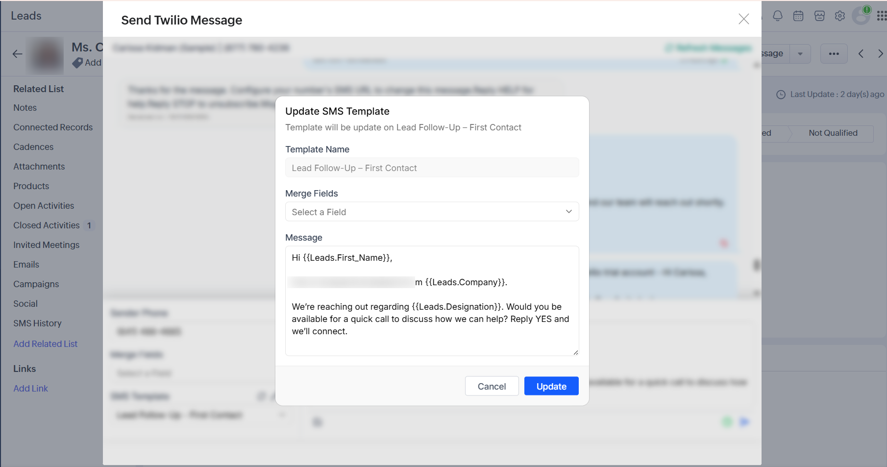 Update SMS Template