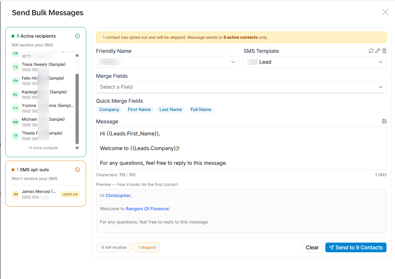 Bulk Messages configuration and send screen